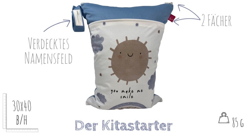 Wetbag Sonne mit Namensfeld ca. 30 x 40 cm für feuchte Kleidung, Stoffwindeln, Schmutzwäsche, als Kitabeutel waschbar & geruchsdicht Bild 2