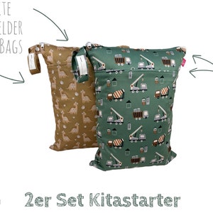 Personalisierbares Wetbag 2er Set 30 x 40 cm Dino & Baustelle zum Kitastart, für Wechselkleidung, Stoffwindeln, Wickelsachen Bild 2