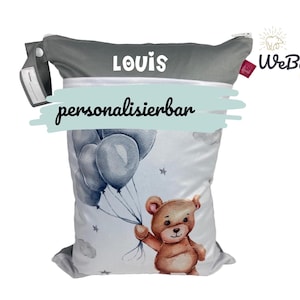 Wetbag "Bär mit Ballons" für Wechselkleidung und als Windelbeutel - waschbar & geruchsdicht - persönliches Geschenk mit Namensaufdruck