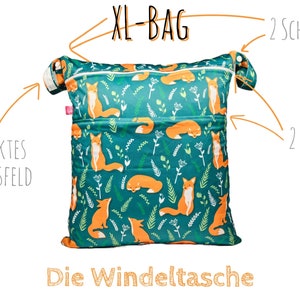 Wetbag XL ca. 40 x 46 cm in verschiedenen Designs: 2 Fächer, 2 Schlaufen, Namensfeld I Badetasche I Windelsack Fuchs