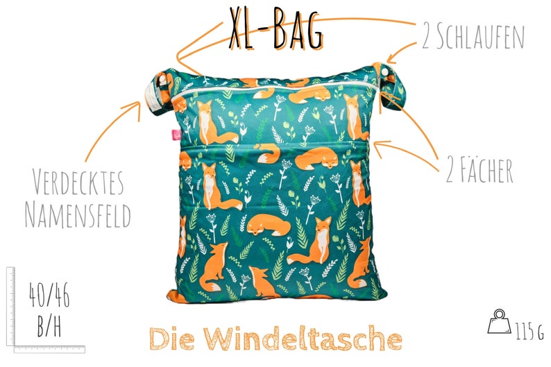 Wetbag XL ca. 40 x 46 cm in verschiedenen Designs: 2 Fächer, 2 Schlaufen, Namensfeld I Badetasche I Windelsack Fuchs