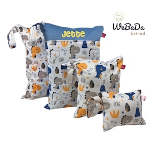 Personalisierbares Wetbag 4er Set Dinos: Badetaschen/Kitabeutel mit Nass-/Trockenfach, Windeltasche/Wickeltasche