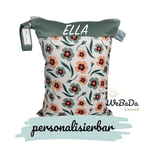 WETBAG MIT NAMEN, Wäschebeutel mit zwei Fächern "Blumen" zum Kitastart, für feuchte Kleidung, Wechselwäsche, als Schwimmbeutel - robust
