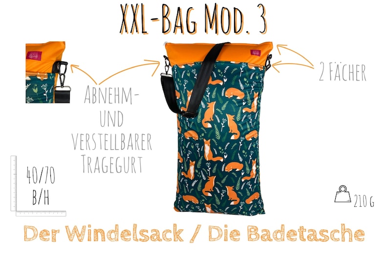 Große XXL Wetbag Füchse mit Schultergurt längenverstellbar, abnehmbar Wäschesack, Stoffwindelbeutel, Schwimmtasche Bild 2