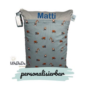WETBAGS mit NAMEN / BAUSTELLE / Nasstasche personalisiert Stoffwindel Tasche Geschenk Geburt Baby Kindergarten Kita Geburtstag. waschbar.