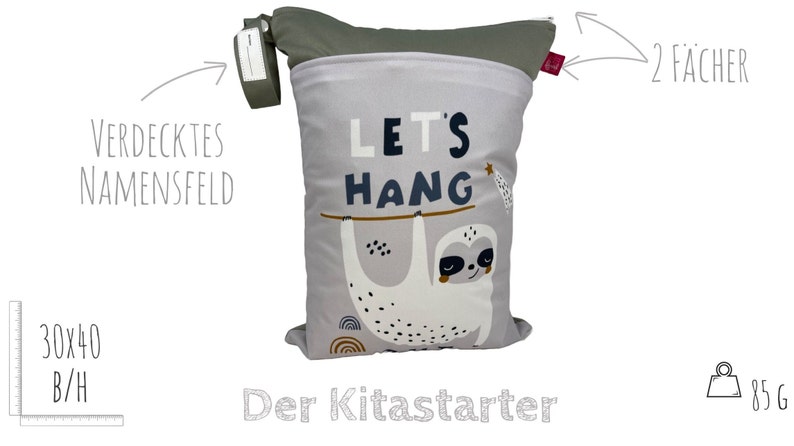 Wetbag Faultier mit Namensfeld ca. 30 x 40 cm für feuchte Kleidung, Stoffwindeln, Wechselwäsche waschbar & geruchsdicht Bild 2