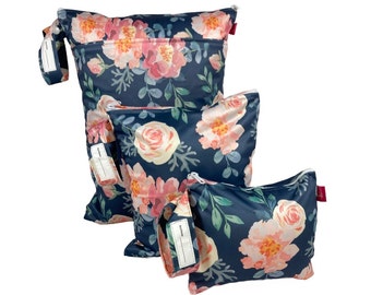 Wetbag 3er Set "Rosenblüte": Taschen mit Nass-/Trockenfach mit beschreibbarem Namensfeld