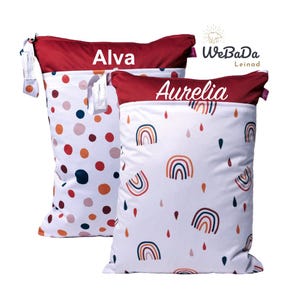 Wetbag 2er Set, personalisierbar: Wechselwäsche, Stoffwindeln, Geschenk zur Geburt und Kitastart, rot, weiß, Punkte, Regenbogen