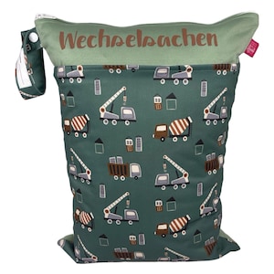 Personalisierbare Wetbag "Baustelle": Wäschebeutel mit 2 Fächern für Badesachen, Stoffwindeln, Wechselkleidung für Kita und Alltag