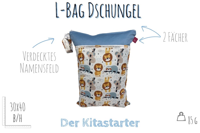 Personalisierbare Wetbag Dschungel Blau ca. 30 x 40cm mit 2 Fächern für Badesachen, Stoffwindeln, Wechselkleidung nachhaltig Bild 2