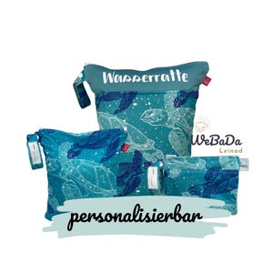 Personalisierbares Wetbag 3er Set "Schildkröte" mit Namensetikett: Badetaschen/Kitabeutel mit Nass-/Trockenfach, Windeltasche, Hygienetasche