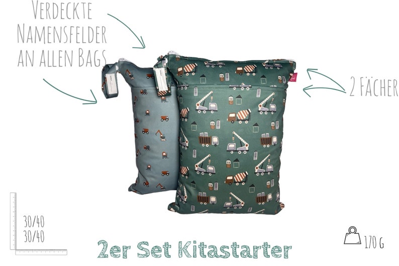 Personalisierbares Wetbag 2er Set 30 x 40 cm Baustelle zum Kitastart, für Wechselkleidung, Stoffwindeln, Wickelsachen Bild 2