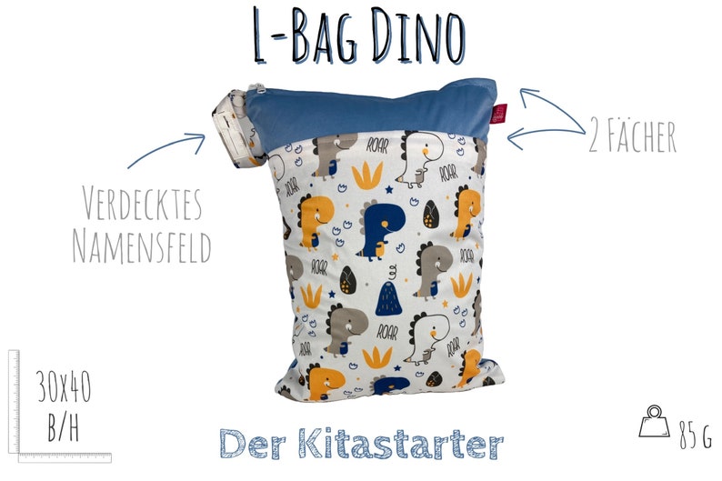 Wetbag Dinos mit Namen ca.30 x 40 cm für feuchte Kleidung, Wechselwäsche, Stoffwindeln, als Kitabeutel waschbar, geruchsdicht, langlebig Bild 3