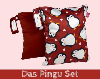 Wetbag Sparset "Pinguin" (26 x 21): Hygienebeutel, Nasstasche, Windeltasche, Beutel für Wechselsachen, Periodenunterwäsche, atmungsaktiv