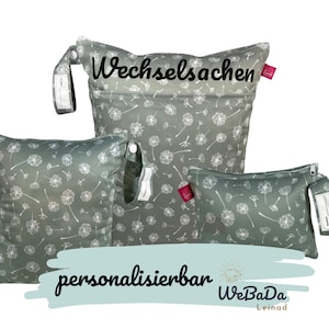 Wetbag 3er Set "Pusteblume", salbei, mit Namensaufdruck - für Urlaub, Schwimmbad und Alltag