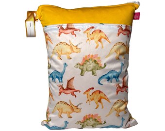 Wetbag (ca. 30 x 40 cm) Dinos (mit Namensfeld):  Nasstasche, Beutel für Wechselsachen, Kitatasche, waschbar, geruchsdicht