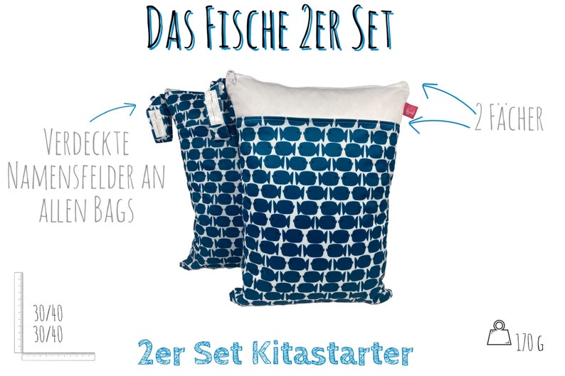 Personalisierbares Wetbag 2er Set ca. 30 x 40 cm Fische Nasstasche für Stoffwindeln, Wechselwäsche, Nass-Trockenach waschbar Bild 2