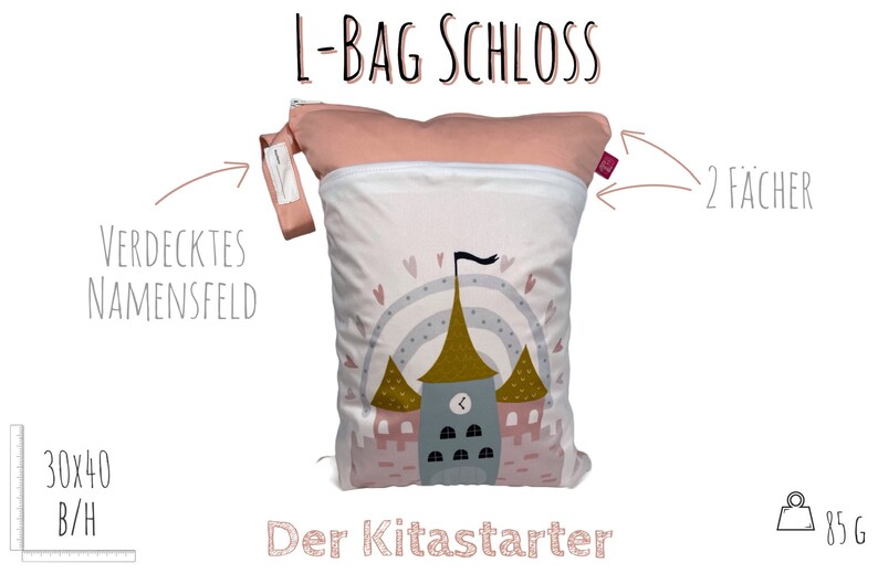 Wetbag Märchenschloss ca. 30 x 40 cm für feuchte Kleidung, Wechselwäsche, Stoffwindeln personalisierbar. waschbar. nachhaltig. Bild 2