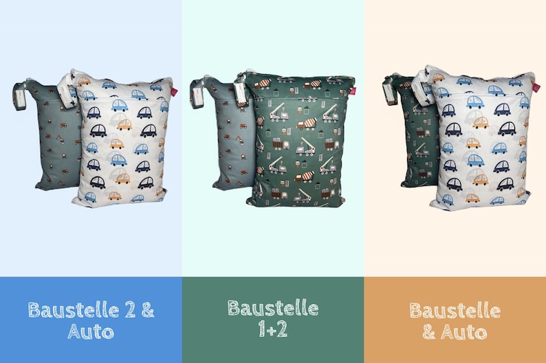 Personalisierbares Wetbag 2er Set 30 x 40 cm Baustelle zum Kitastart, für Wechselkleidung, Stoffwindeln, Wickelsachen Bild 4