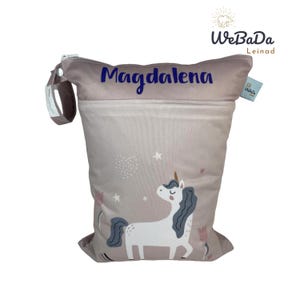 Personalisierbarer Wetbag "Einhorn", 2 Reißverschlussfächer für Trockenes & Feuchtes für Kita, Schule und Alltag - waschbar -  geruchsdicht