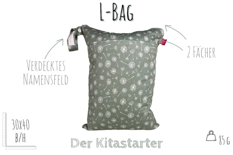 Wetbag Pusteblume mit Namensfeld L: ca. 30 x 40 cm für feuchte Kleidung, Wechselwäsche, als Kitabeutel Bild 2