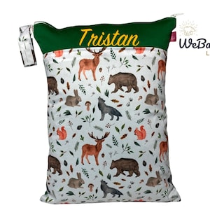 Große personalisierbare Wetbag "Waldtiere" mit zwei Fächern (30 x 40 cm) zum Kitastart, für feuchte Kleidung, Wechselwäsche, Schwimmbeutel