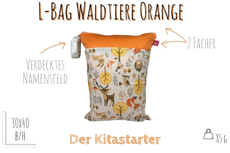 Personalisierbare Wetbag Waldtiere orange ca. 30 x 40 cm für feuchte Kleidung, Wechselwäsche, als Kitabeutel, für Badesachen, Stoffwindeln Bild 2