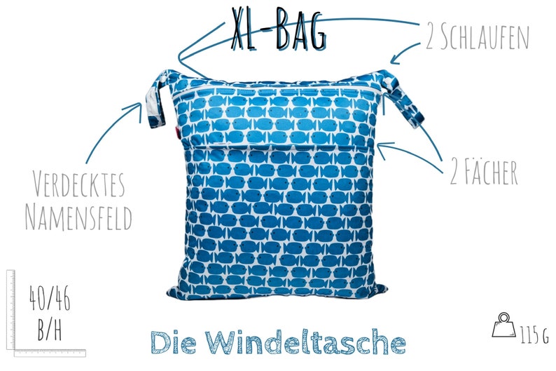 Wetbag XL ca. 40 x 46 cm in verschiedenen Designs: 2 Fächer, 2 Schlaufen, Namensfeld I Badetasche I Windelsack Fisch