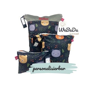 Personalisierbares Wetbag 3er Set Bären und Blätter: Kitatasche mit Nass-/Trockenfach, Windeltasche - persönliches Geschenk zur Geburt