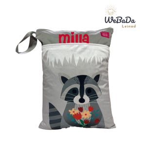 Großer Wetbag "Waschbär" personalisierbar, für Wechselkleidung, als Windelbeutel, Schwimmbeutel, persönliches Geschenk zu Geburt & Kitastart