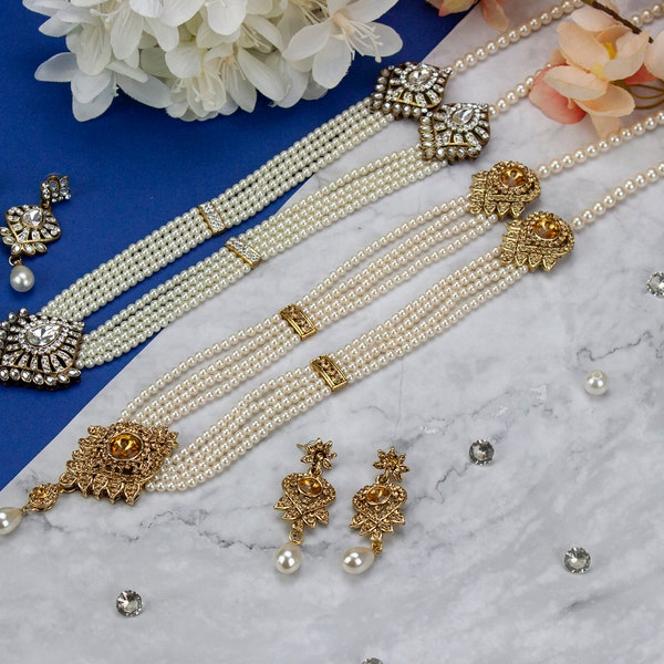 Gold Silver Indian Necklace Set Bridal Traditional Wedding Jewellery Pearl Necklace Earrings Bollywood Handcrafted Asian Jewelry Gemstone