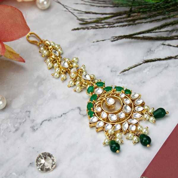 Gold Indian Tikka Headpiece Small Traditional Maang Tikka Jewellery Gemstone Wedding Handmade Bollywood Jewelry Fashion Green Pearl Gift