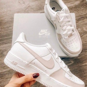 Beige Color Block and Outline Custom AF1, Handmade, Personalized Air Force Ones, White Air Forces, Men’s and Women’s Sizing, No Peel