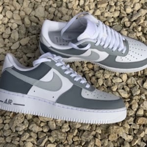 Dark and Light Grey Color block Custom AF1, Handmade, Personalized Air Force Ones, White Air Forces, Men’s and Women’s Sizing, No Peel