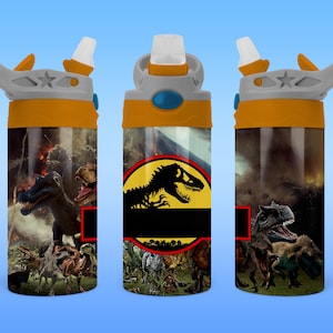 May include: A water bottle featuring a dinosaur theme. The bottle has a gray and orange lid with a star design. The body of the bottle is covered in images of dinosaurs and the Jurassic Park logo.