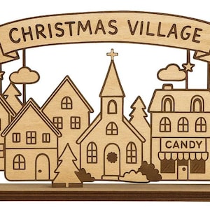 以下が含まれることがあります： 「CHRISTMAS VILLAGE」と書かれたバナーが付いた木製のクリスマスビレッジの装飾。村には家、教会、お菓子屋があり、すべて明るい茶色の木材からレーザーカットされています。ベースは濃い茶色です。
