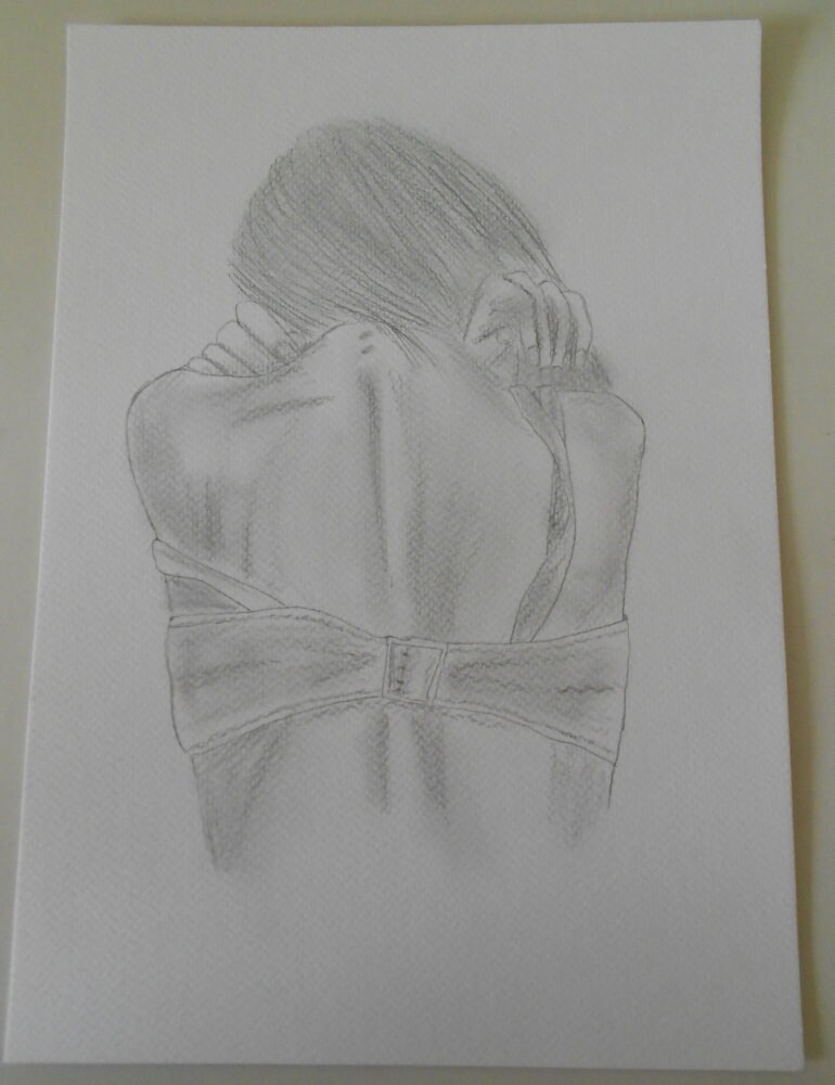 Dessin Au Crayon, Dos de Femme, Cadre Doré Offert, Modèle Unique.