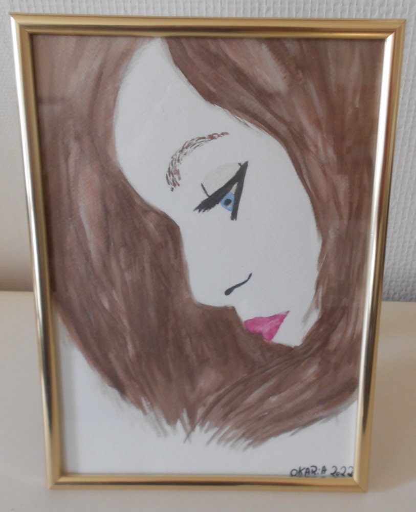 Dessin Aquarelle, Visage Femme, Cadre Offert, Modèle Unique. Neuf