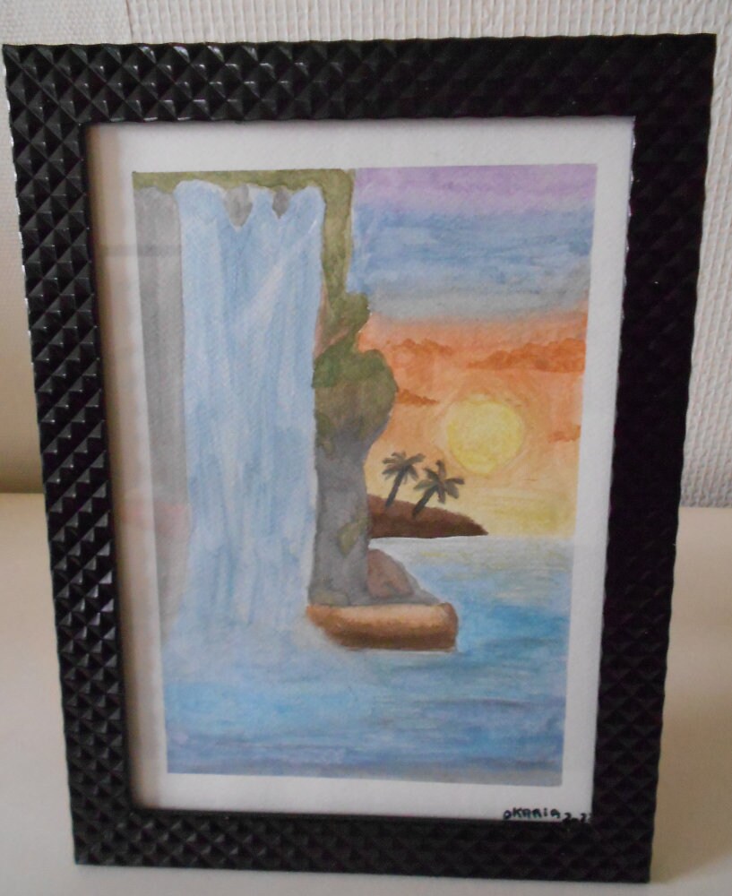 Dessin Aquarelle, Cascade, Palmiers, Cadre Offert, Modèle Unique. Neuf
