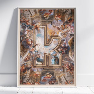 May include: A framed print of a painting depicting a ceiling with a large, gold-framed letter "K" in the center. The ceiling is painted with a detailed scene of angels and clouds.