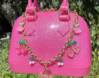 Pink Heart Cherry Bag Purse Charm Chain Novelty Cherries