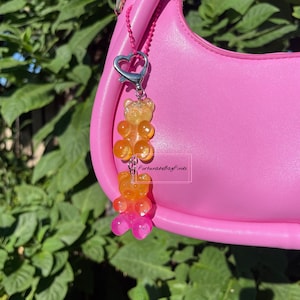 Sunset Ombre Gummy Bear Bag Charm Hot Pink Orange Iridescent Glitter Purse Charm