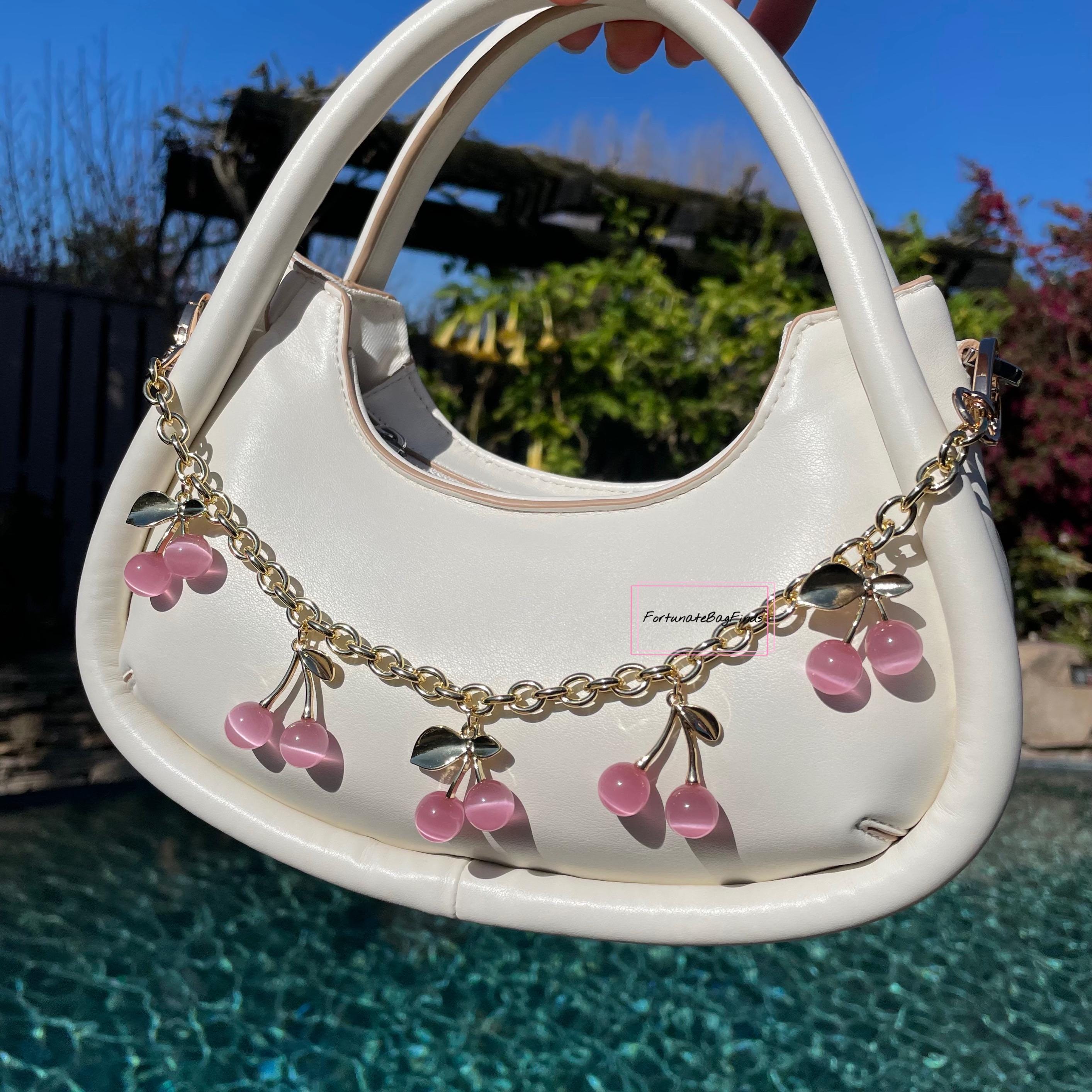 Pink Crystal Cherry Bag Purse Charm Chain Novelty Strap