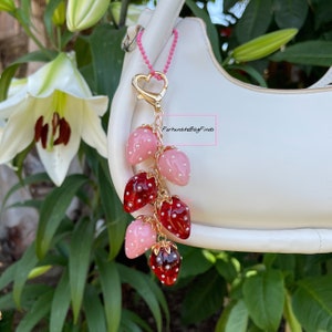 Pink Red Jelly Pearl Strawberry Bag Charm Accessory Heart Strawberry Cluster Dainty Cute Purse Handbag Charm