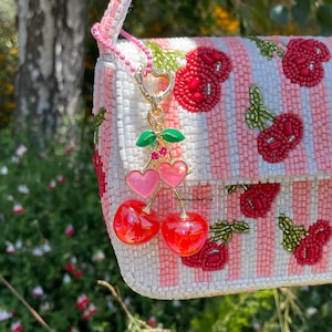 Heart Cherry Bag Charm Red Pink Cute Aesthetic Purse Charm Iridescent Glitter Cherries Handbag Charm Rainbow Crystal Heart FortunateBagFinds