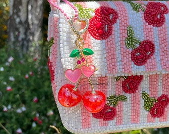 Heart Cherry Bag Charm Red Pink Cute Aesthetic Purse Charm Iridescent Glitter Cherries Handbag Charm Rainbow Crystal Heart FortunateBagFinds