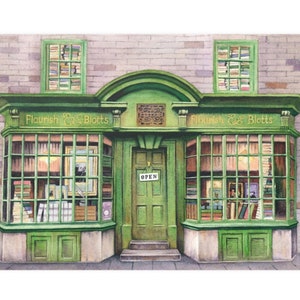 Flourish and Blotts, een magische boekwinkel - handgeschilderde aquarelprint