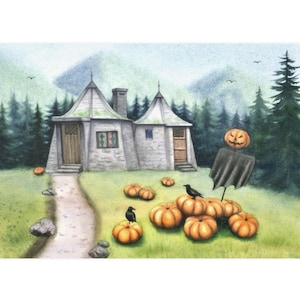 May include: A watercolour painting of a small stone cottage with a pointed roof, surrounded by a forest of green trees. There are several orange pumpkins in front of the cottage, and a black crow perched on one of the pumpkins.