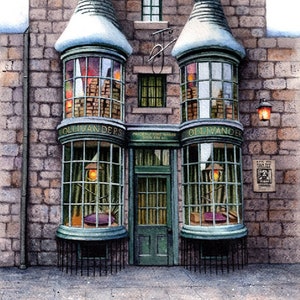 May include: A watercolor painting of Ollivanders Wand Shop from the Harry Potter series. The shop has a green door and two large windows with snow on the roof. The sign above the door reads "Ollivanders Makers of Fine Wands Since 382 B.C."