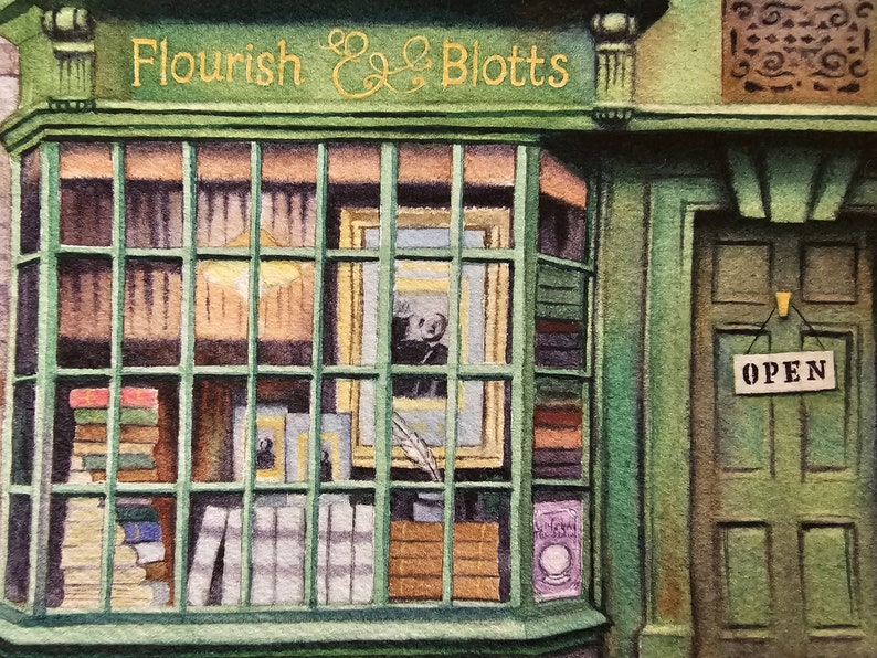 Flourish and Blotts, a Magical Hand Painted Watercolor Print
